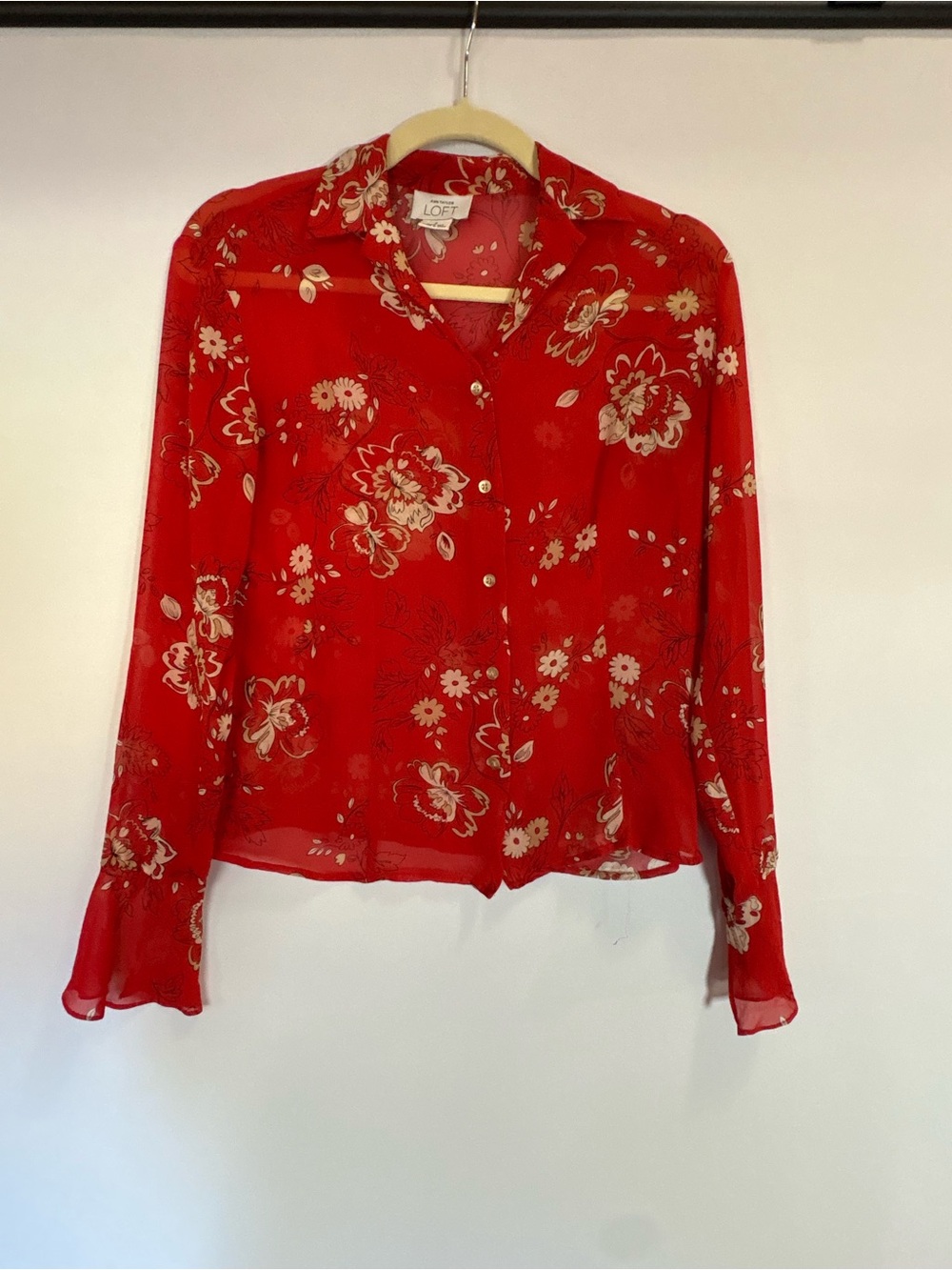 LOFT Red Floral Button-Front Sheer Blouse 109% Silk